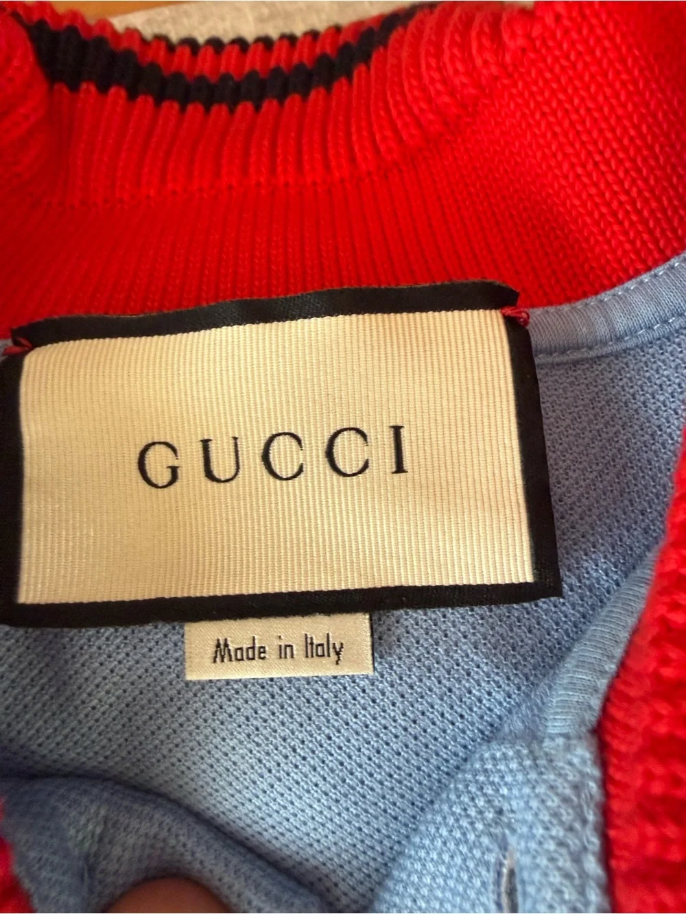 Gucci Light Blue Embroidered Crewneck Polo with Red-Black Striped Collar